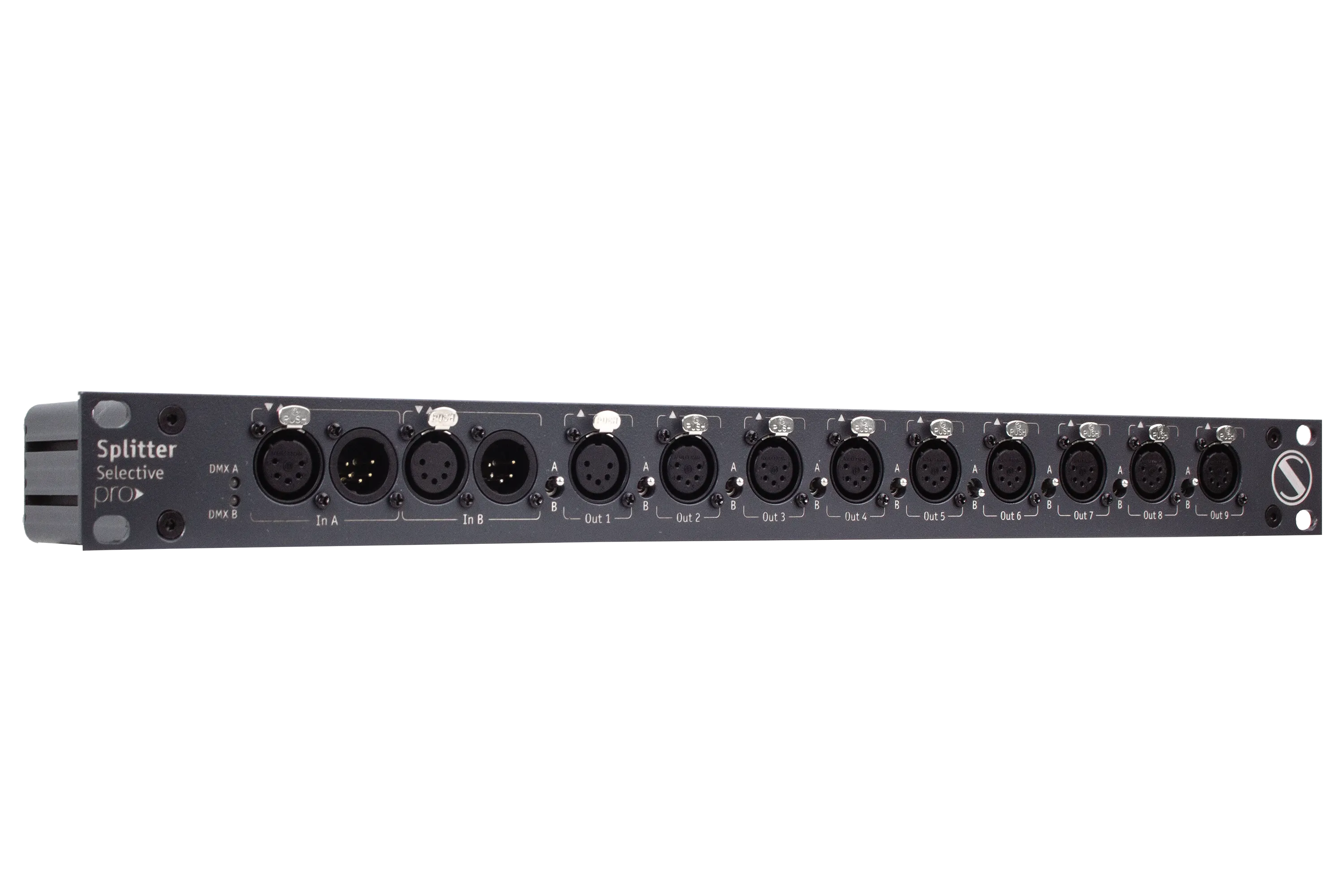 Splitter Selective Pro Splitter Selective Pro rear panel showing XLR connectors, toggle switches for operating modes, and PowerCON TRUE1 power connector