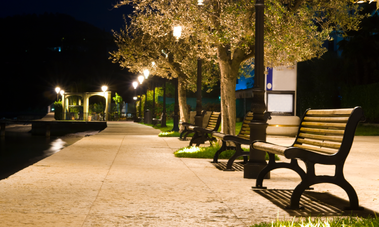 Smart LED street lighting on park showing modern city infrastructure at night