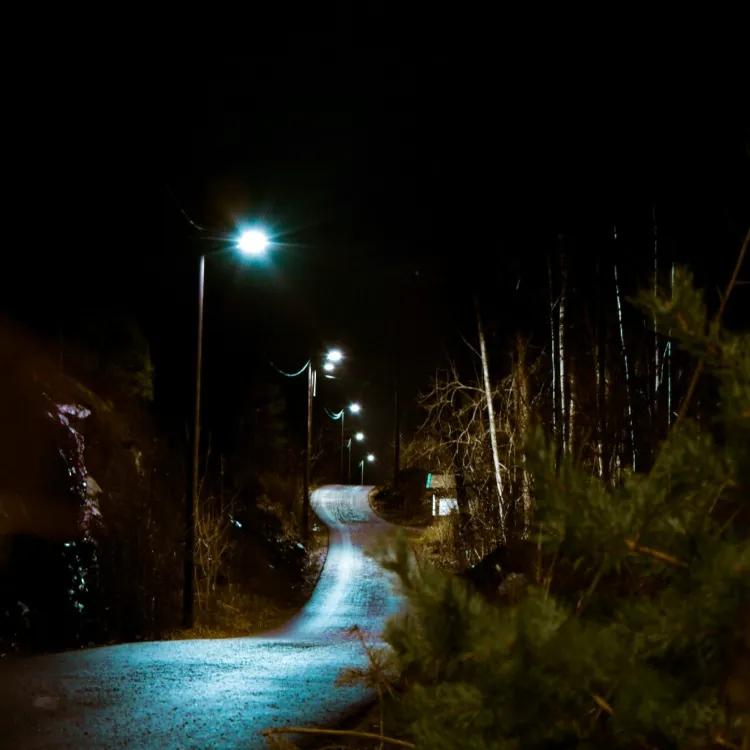 Street with smart streetlights controlled by QULON C, providing energy-efficient lighting and adaptive control.