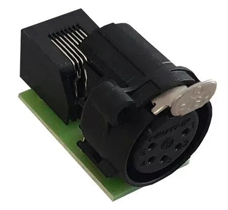 Side view of XLR adapter for ArtGate Board 1 M/RJ45 A side profile of the adapter connecting RJ45 to XLR for ArtGate Boards.