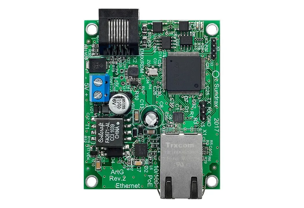 PCB Art-Net/sACN to DMX converter with two optically isolated DMX ports Sundrax Entertainment