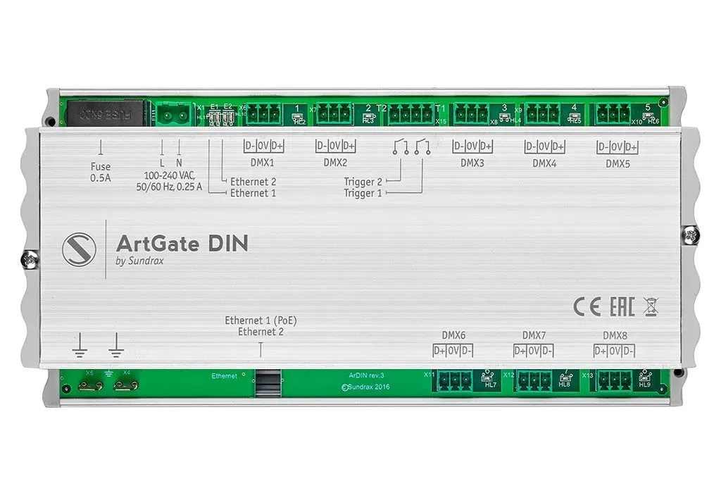 Art-Net/sACN to DMX converter with up to eight optically isolated DMX ports with built-in 2-ports ethernet switch for DIN rail installation Sundrax Entertainment