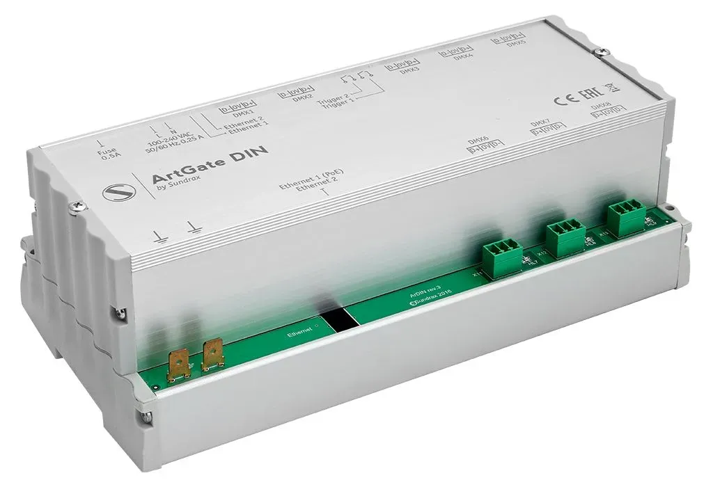 ArtGate DIN Art-Net/sACN to DMX converter with up to eight optically isolated DMX ports with built-in 2-ports ethernet switch for DIN rail installation Sundrax Entertainment