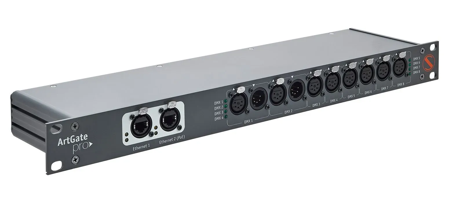 ArtGate Pro Rack mountable Art-Net/sACN to DMX converter with up to eight optically isolated DMX ports with built-in 2-ports ethernet switch