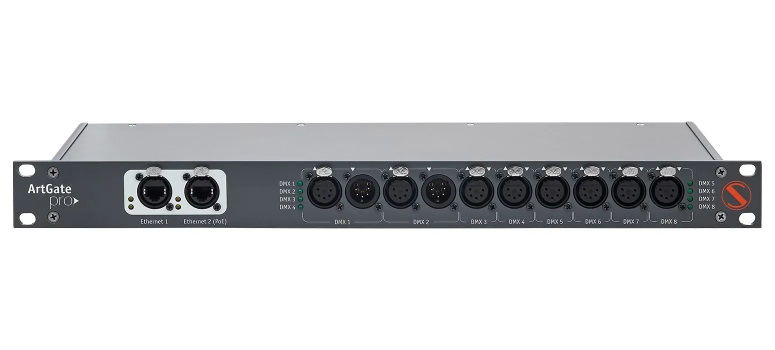 Rack mountable Art-Net/sACN to DMX converter with up to eight optically isolated DMX ports with built-in 2-ports ethernet switch