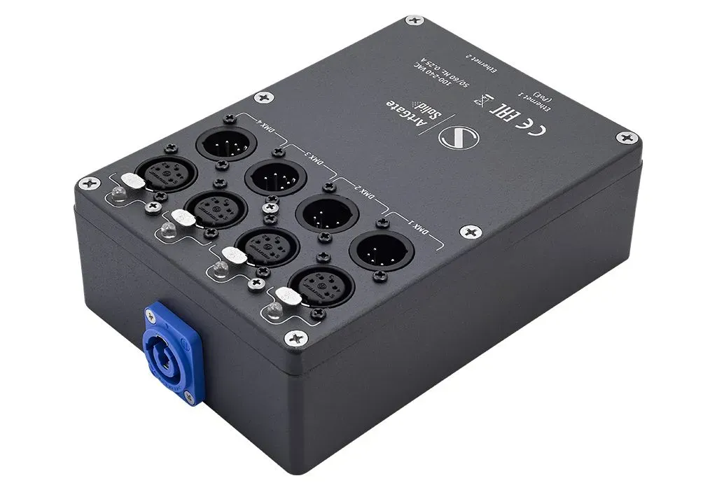 Art-Net/sACN to DMX converter with up to four optically isolated DMX ports with built-in 2-ports ethernet switch for  indoor installation