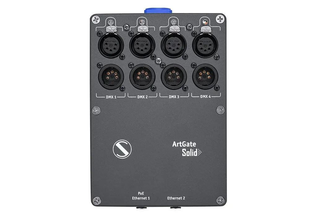 Art-Net/sACN to DMX converter with up to four optically isolated DMX ports with built-in 2-ports ethernet switch for  indoor installation