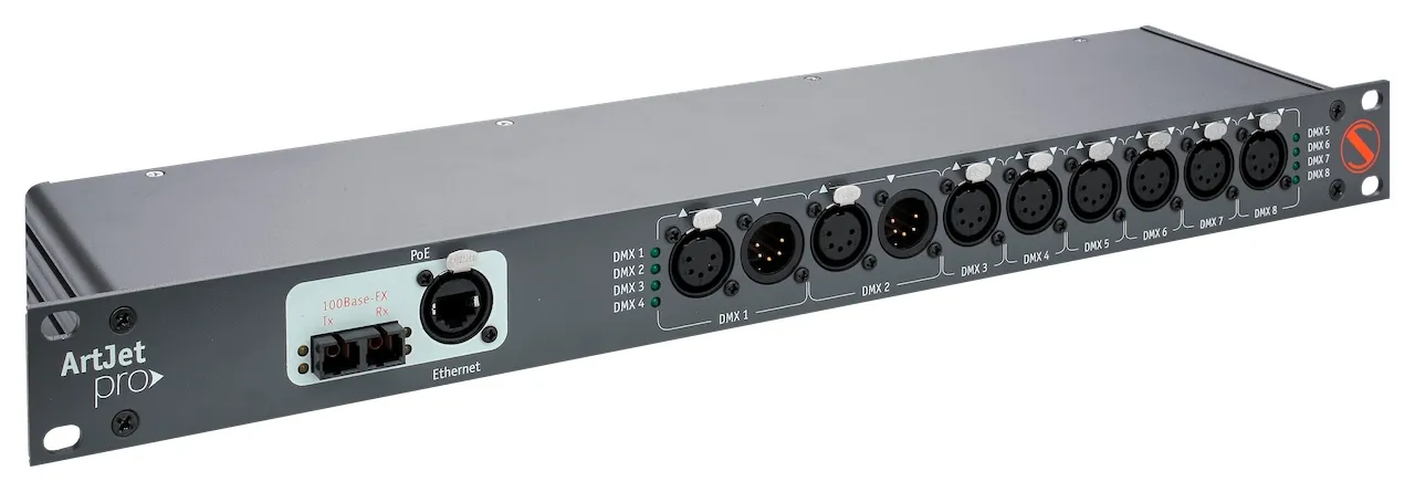 ArtJet Pro Bidirectional DMX ArtNet/sACN converter, splitter, booster, intelligent merger with fibre optic link Sundrax Entertainment