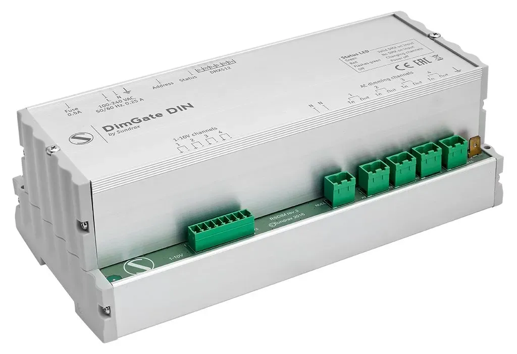 DimGate DIN Universal DMX phase cut dimmer and DMX to 0-10V converter with RDM functionality for DIN rail installation Sundrax Entertainment
