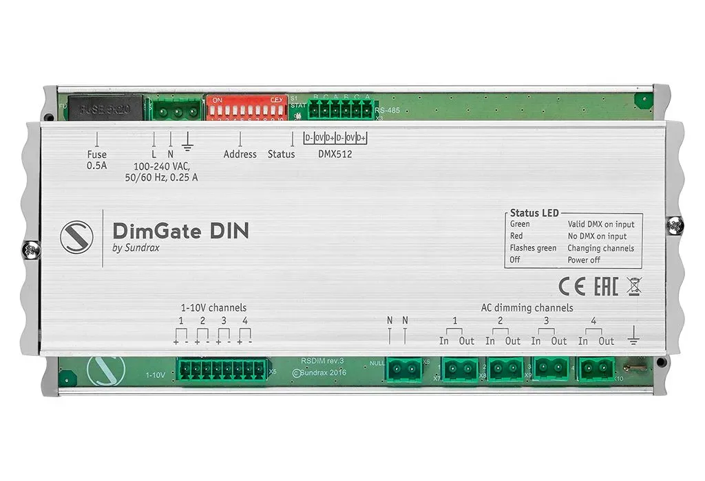 Universal DMX phase cut dimmer and DMX to 0-10V converter with RDM functionality for DIN rail installation Sundrax Entertainment