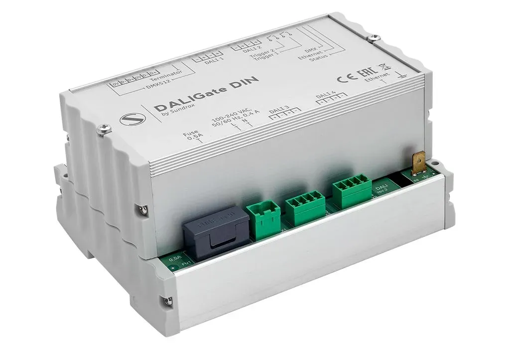 Universal Art-Net/sACN to DALI and DMX to DALI gateway with built-in power supply for DIN rail installation