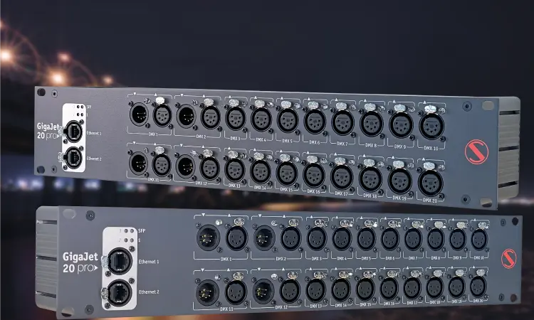 Professional ArtNet switch with multiple Ethernet ports showing active data transmission
