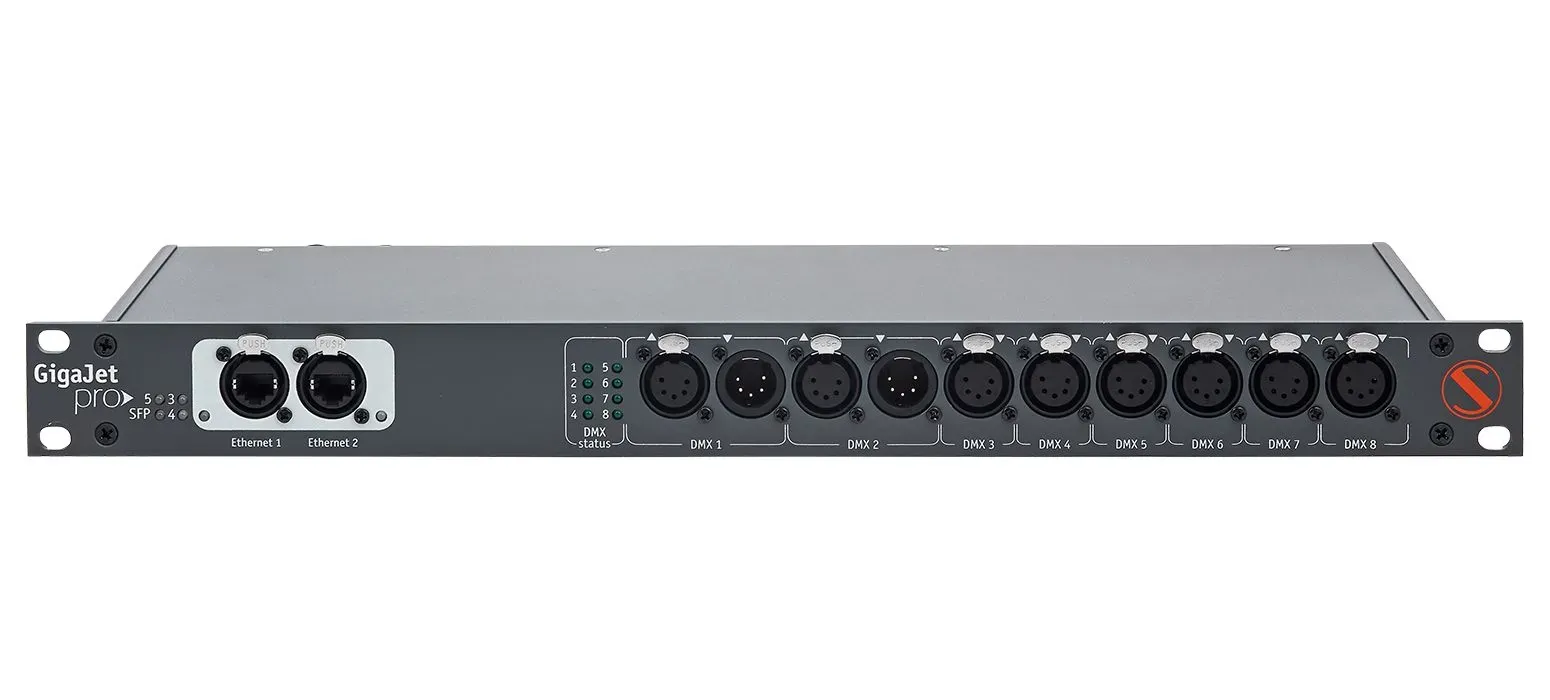 Three-in-one: Rack mountable 5-ports gigabit ethernet switch, fibre-media-converter, Art-Net/sACN to DMX converter with up to eight optically isolated DMX ports