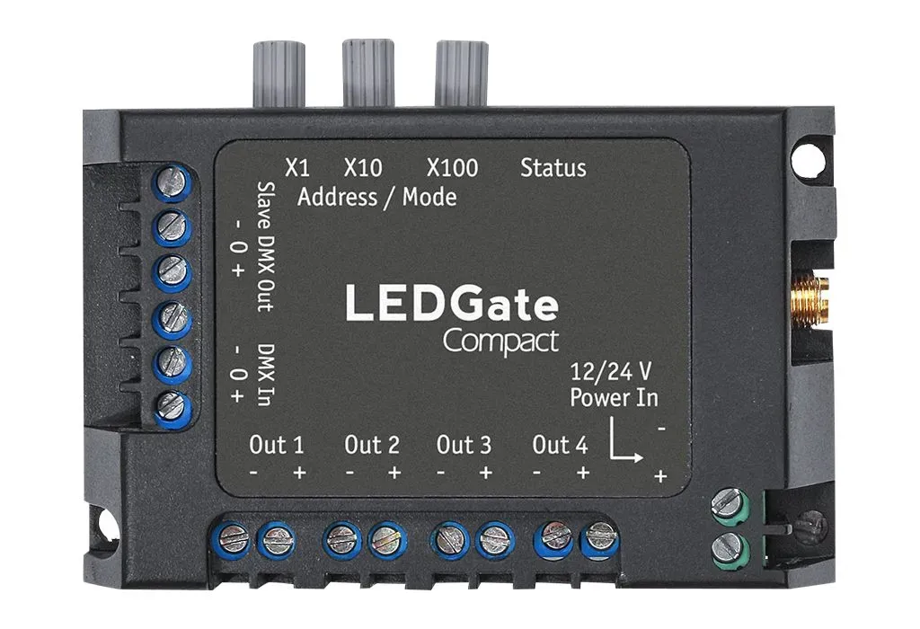 Ultra compact 8/16 bit universal 12-24V DC with RDM functionality constant voltage DMX LED controller designed for use in theatrical scenery Sundrax Entertainment