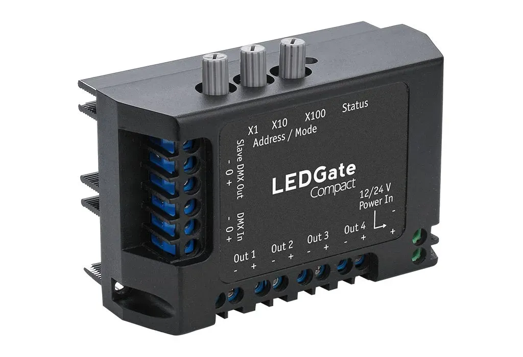 LEDGate Compact Ultra compact 8/16 bit universal 12-24V DC with RDM functionality constant voltage DMX LED controller designed for use in theatrical scenery Sundrax Entertainment