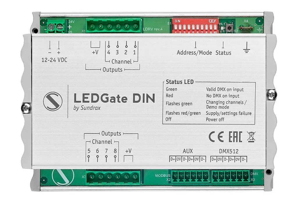 8/16 bit universal 12-24V DC with RDM functionality constant voltage DMX LED controller for DIN rail installation Sundrax Entertainment