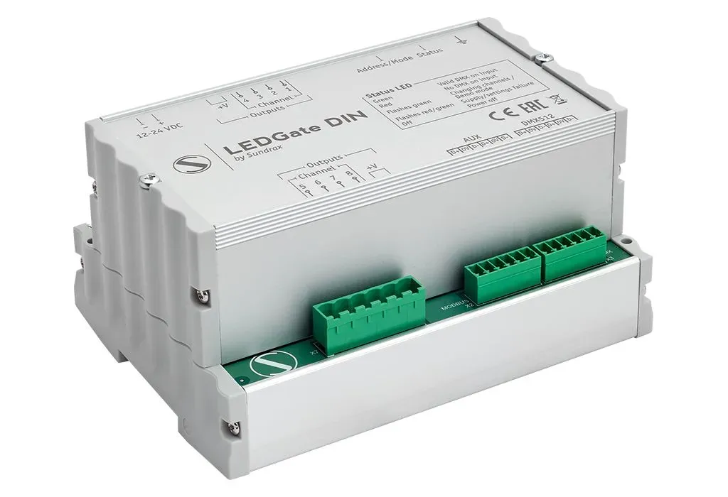LEDGate DIN 8/16 bit universal 12-24V DC with RDM functionality constant voltage DMX LED controller for DIN rail installation Sundrax Entertainment