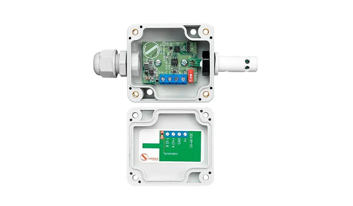 Modbus-RTU Temperature, humidity and atmospheric pressure sensors, top view with terminal guide