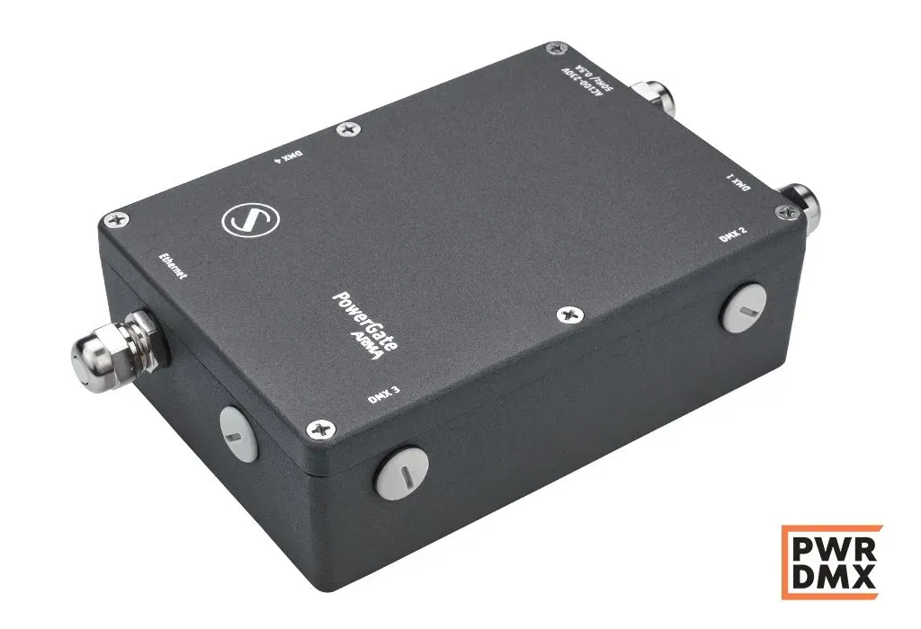 Waterproof HomePlug Powerline to DMX converter with up to four optically isolated DMX ports for outdoor installation