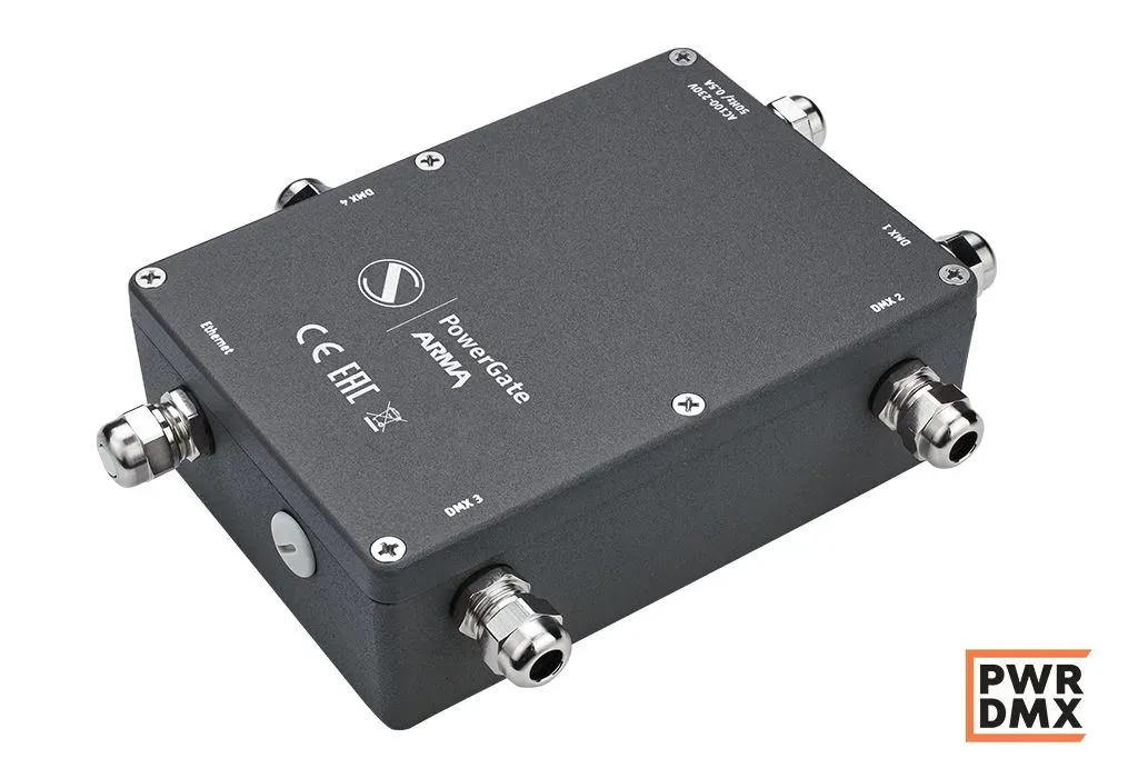 PowerGate Arma Waterproof HomePlug Powerline to DMX converter with up to four optically isolated DMX ports for outdoor installation