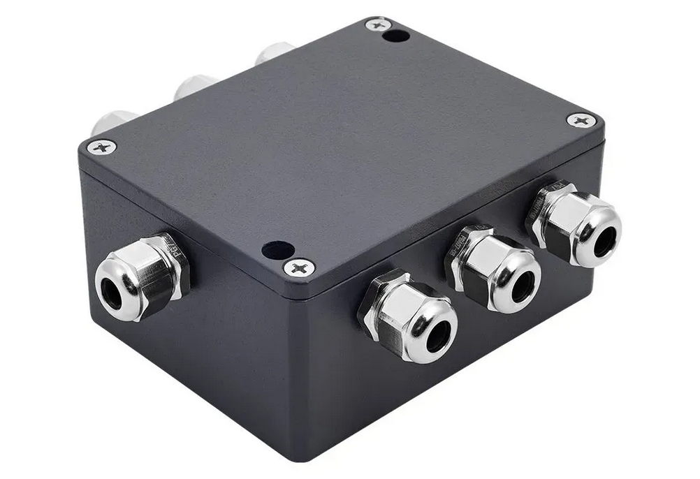 Angled view of compact PixelGate Arma IP65 metal box for pixel LED installations