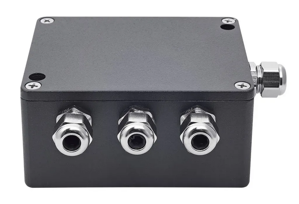 IP65 Metal Enclosure for Outdoor Pixel Controller IP65-rated metal enclosure of PixelGate Arma with sealed cable glands for outdoor LED control