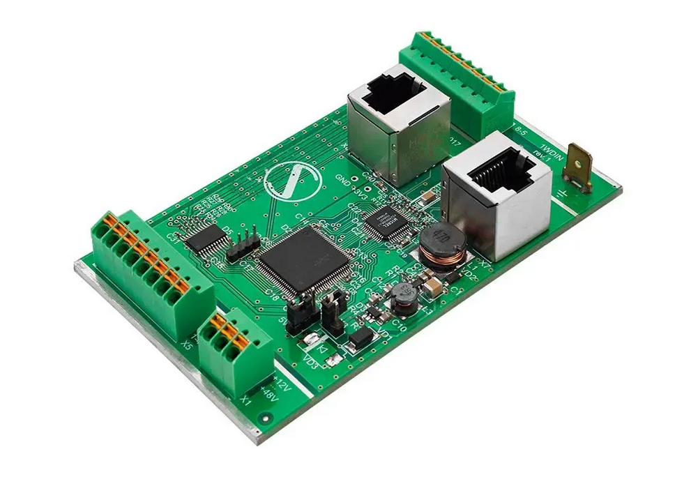 Close-up on PixelGate Board’s RJ45 Art-Net ports and green SPI terminal blocks for high-density pixel mapping