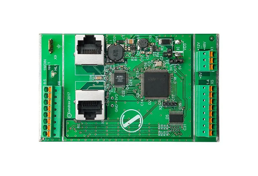 Top Profile of Frameless Art Net SPI Controller Top view of frameless PixelGate Board PCB showing dual Ethernet ports and 8 SPI outputs