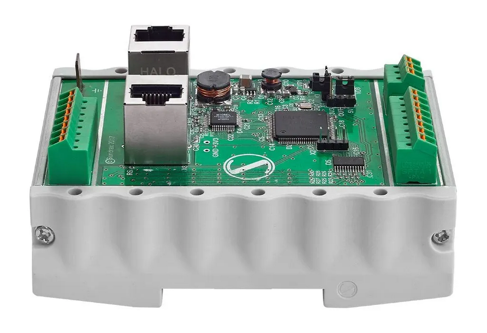 PixelGate DIN controller mounted on a standard DIN rail with rugged aluminum housing