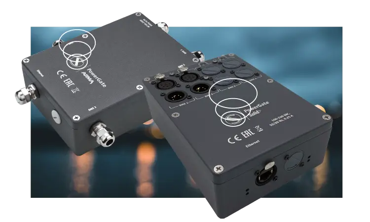 PowerGate Solid in a robust aluminum housing, designed for reliable DMX512 transmission over powerlines indoors