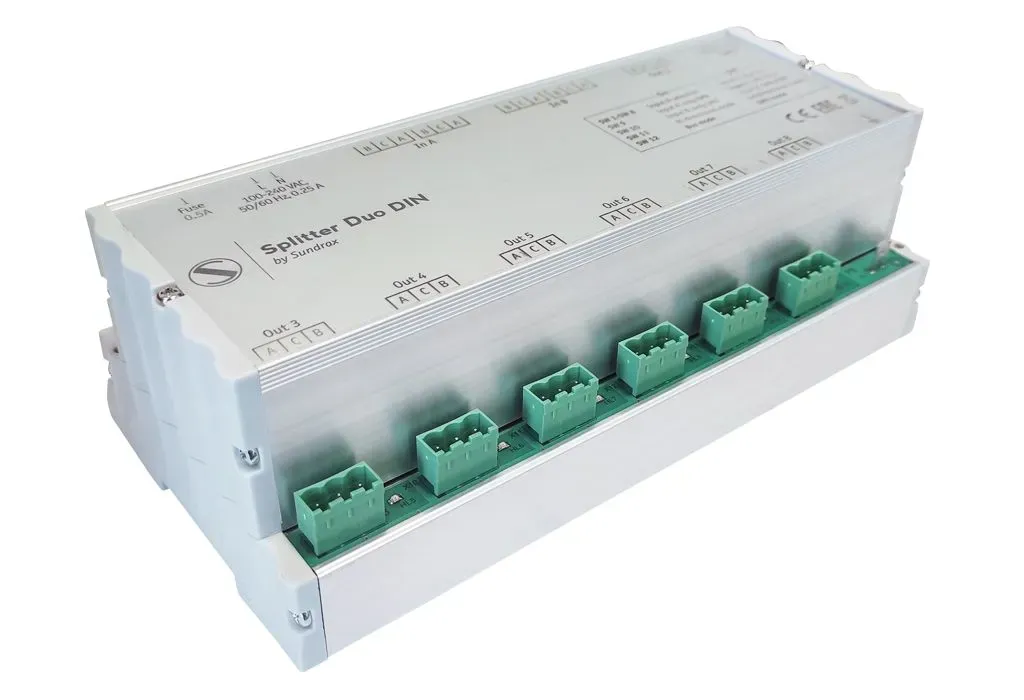 Splitter Duo DIN Dual-zone optically isolated DMX splitter RDM hub for DIN rail installation Sundrax Entertainment
