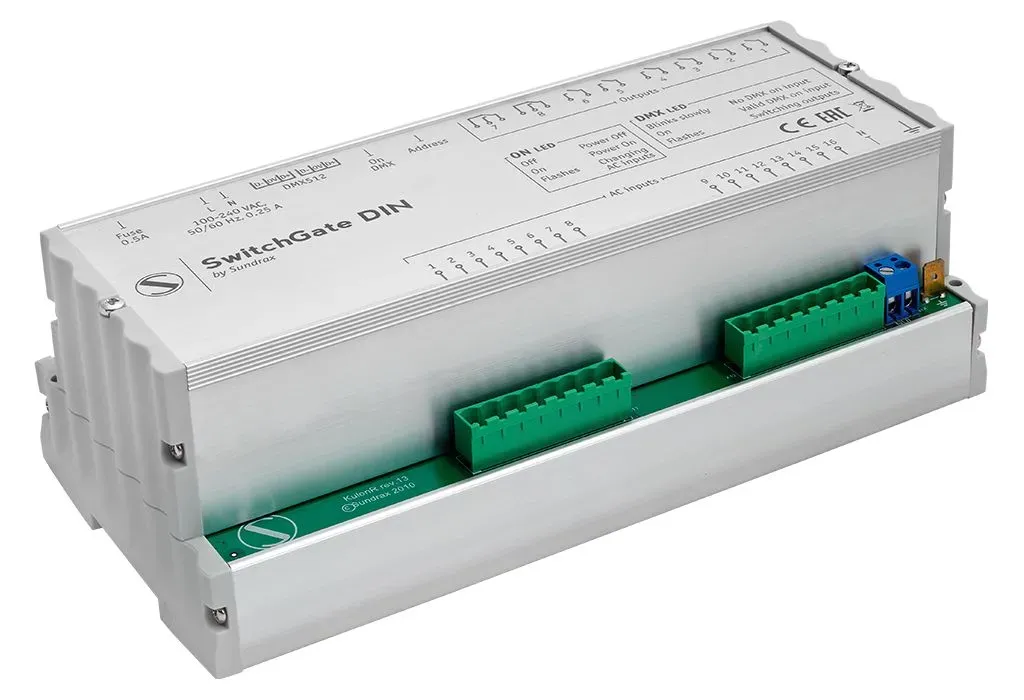 SwitchGate DIN 8 channel DMX switching unit with RDM functionality for DIN rail installation