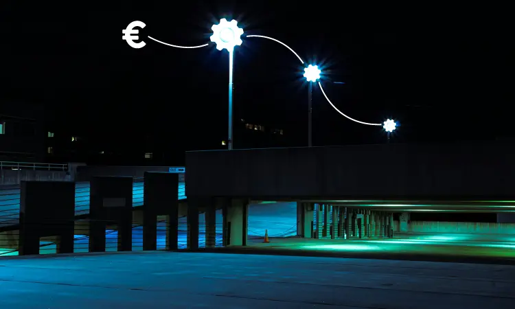 Detailed view of a smart pole showing integrated sensors, cameras, LED lighting modules, and connectivity components in an urban installation