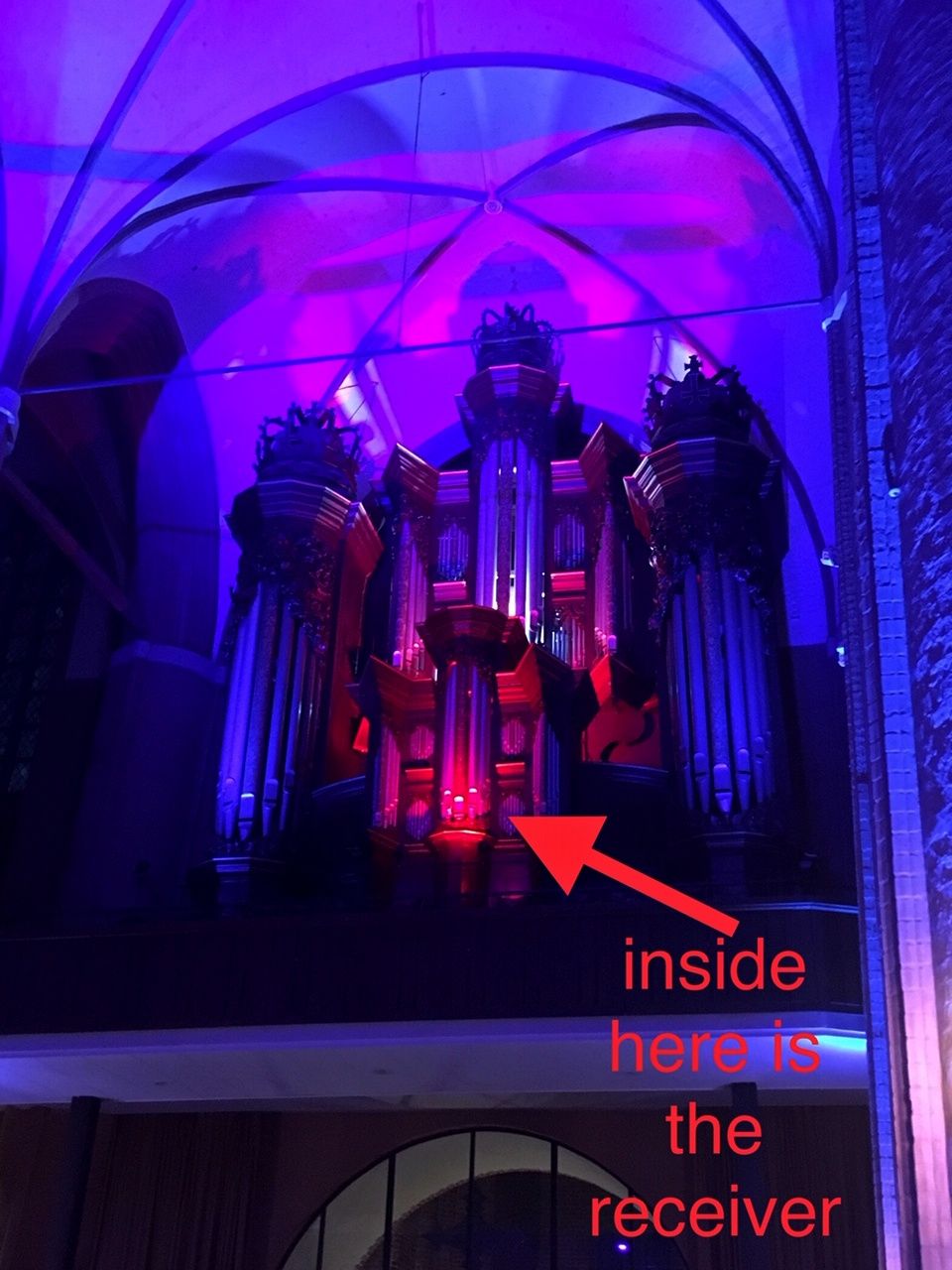 Close-up of the RadioGate Solid receiver integrated inside the unique 1708 organ by Matthias Dropa at St. Michael's Church, highlighting wireless lighting control in a historic setting.