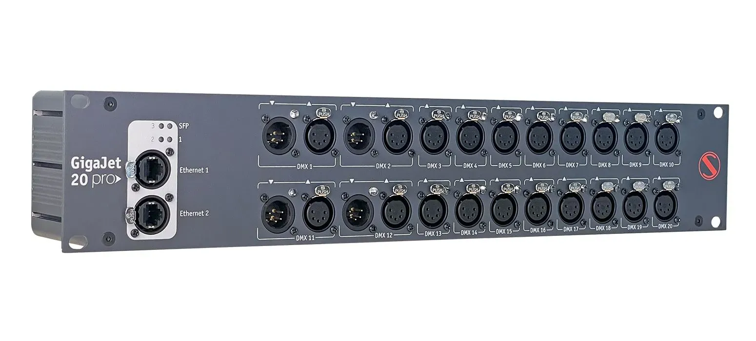 GigaJet20 Pro Three-in-one: Rack mountable 3-ports gigabit ethernet switch, fibre-media-converter, Art-Net/sACN to DMX converter with up to twenty optically isolated DMX ports