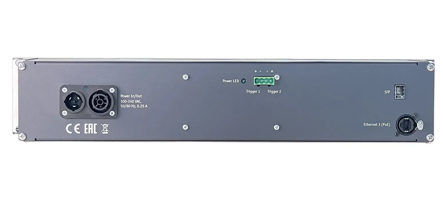 Three-in-one: Rack mountable 3-ports gigabit ethernet switch, fibre-media-converter, Art-Net/sACN to DMX converter with up to twenty optically isolated DMX ports