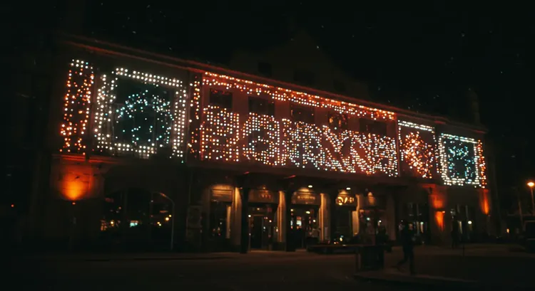 Public building exterior with architectural DMX lighting 