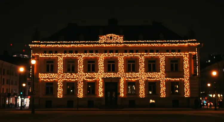 Aerial view of illuminated architectural project 