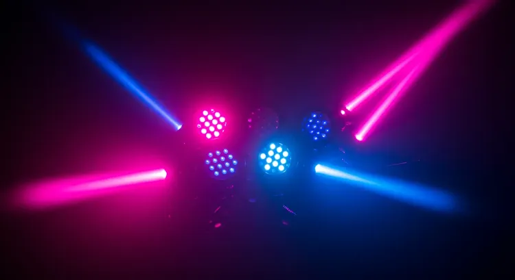 Visual breakdown of a complete DMX system showing the three essential components: power connections, DMX signal cables, and addressing methods including both LCD menu and dip switch examples.