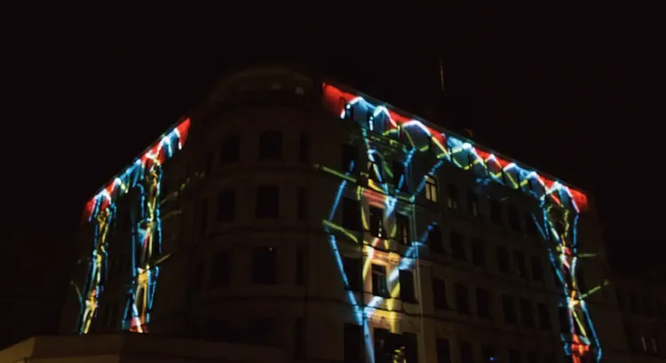 Color-changing lights on a modern office building 