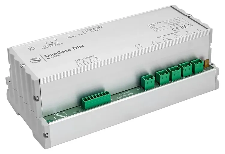 DimGate DIN Universal DMX phase cut dimmer and DMX to 0-10V converter with RDM functionality for DIN rail installation Sundrax Entertainment