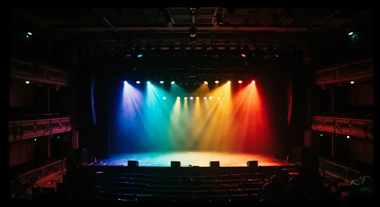 DMX512 lighting console controlling stage lights in a theater