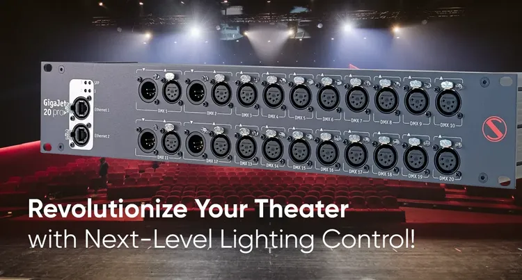 GigaJet20 Pro connected in a theater lighting setup with multiple DMX lines