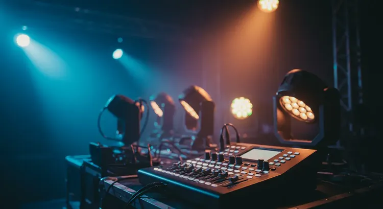 Stage lighting setup with DMX controllers and galvanic isolation modules 