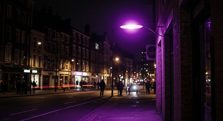 Photo shows an LED street light emitting a purple glow, likely due to a faulty phosphor coating, instead of the expected white light.