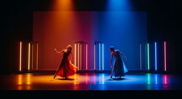 A visual metaphor for emotional duality and color temperature in stage lighting, showing how hue and tone convey narrative contrast.