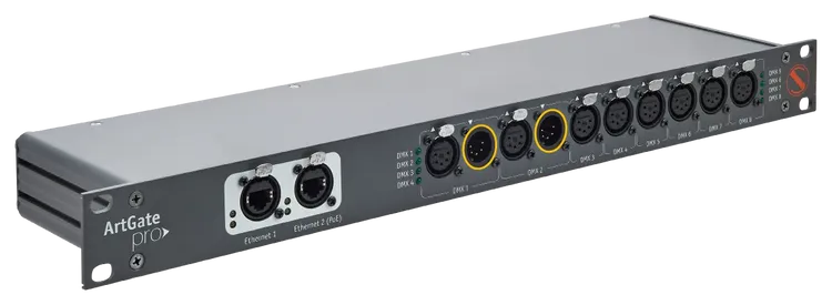 Sundrax ArtGate Pro converting Ethernet to DMX with True DMX ports for a seamless theater installation. 