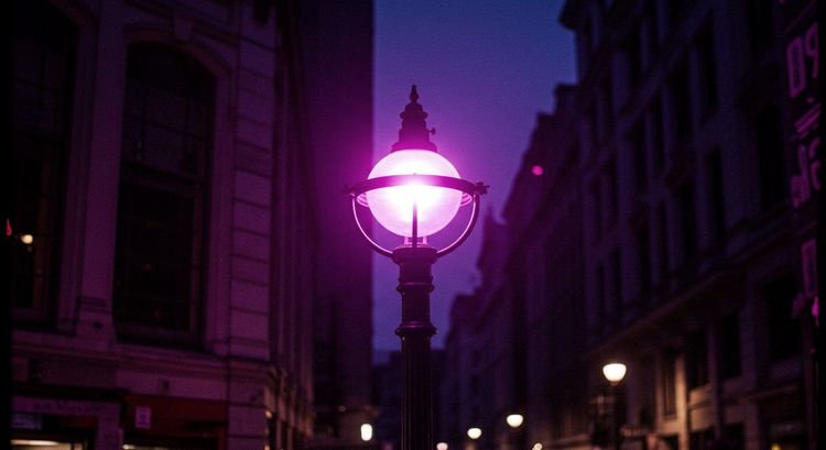 LED street light with a defect, glowing purple rather than white, possibly from an issue with the LED's phosphor layer.