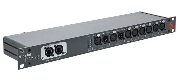 GigaJet Pro Three-in-one: Rack mountable 5-ports gigabit ethernet switch, fibre-media-converter, Art-Net/sACN to DMX converter with up to eight optically isolated DMX ports