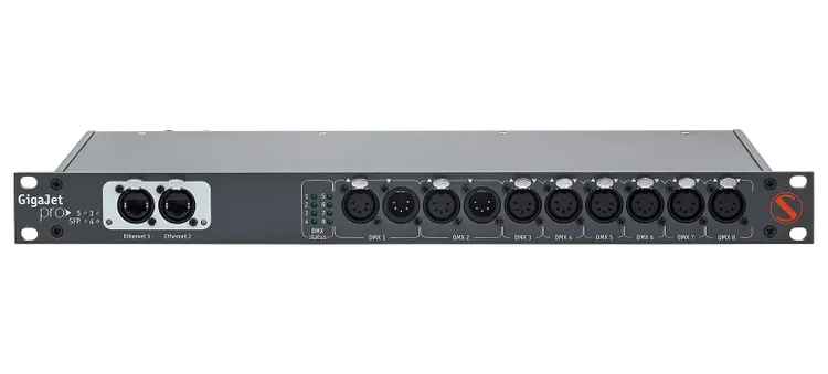 Sundrax GigaJet Pro device with fiber optic ports illuminated in a rack mount